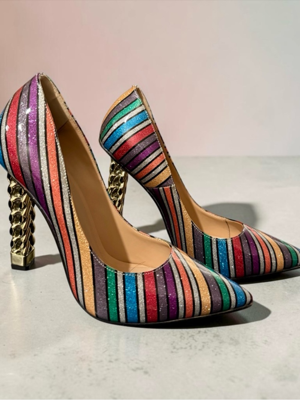 FSJ Rainbow Glitter Stripes Pumps with Gold Sculptural Heel - Picture 6 of 9